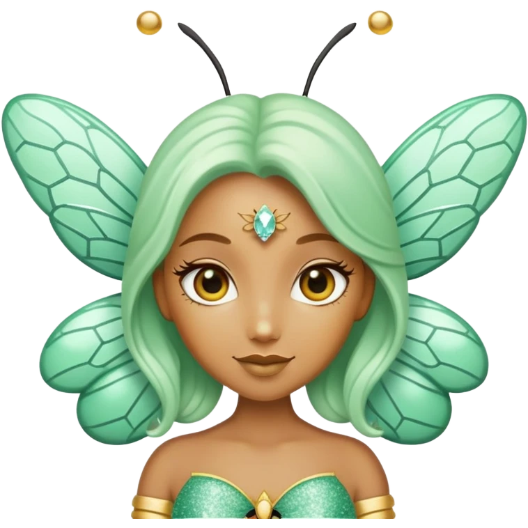 Mint green woman bee with diamond wings, sparkly rhinestones, and glitter accents emoji