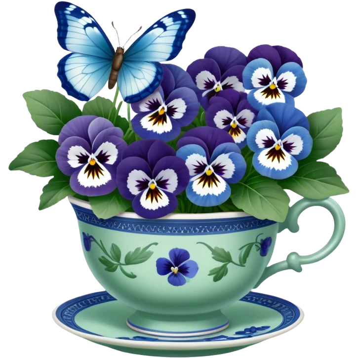 A cluster of blue and white pansies in an antique green porcelain cup, with a blue butterfly gently landing on a petal emoji