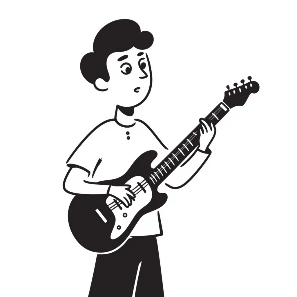 A musician holding a guitar, with a worried expression, looking up at the sky, concerned face, furrowed brow, waiting for an opportunity emoji