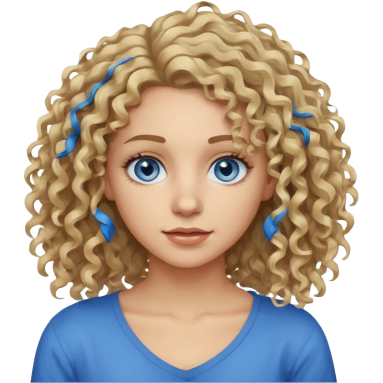 This is a 2D digital anime-style portrait of a female, caucasian, 29 years old light skin. The person has messy dirty blond curly hair shoulder long, round blue eyes.  emoji