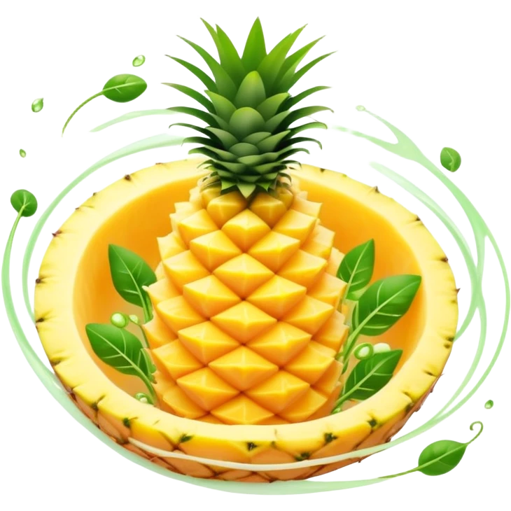 Golden pineapple slices, translucent papaya pieces, and green sprouts floating in a gentle spiral around a luminous stomach, with flowing light lines swirling like whirlpools, representing light, clean, and vibrant digestion. The foods emit a soft glow showing their enzymatic properties. emoji