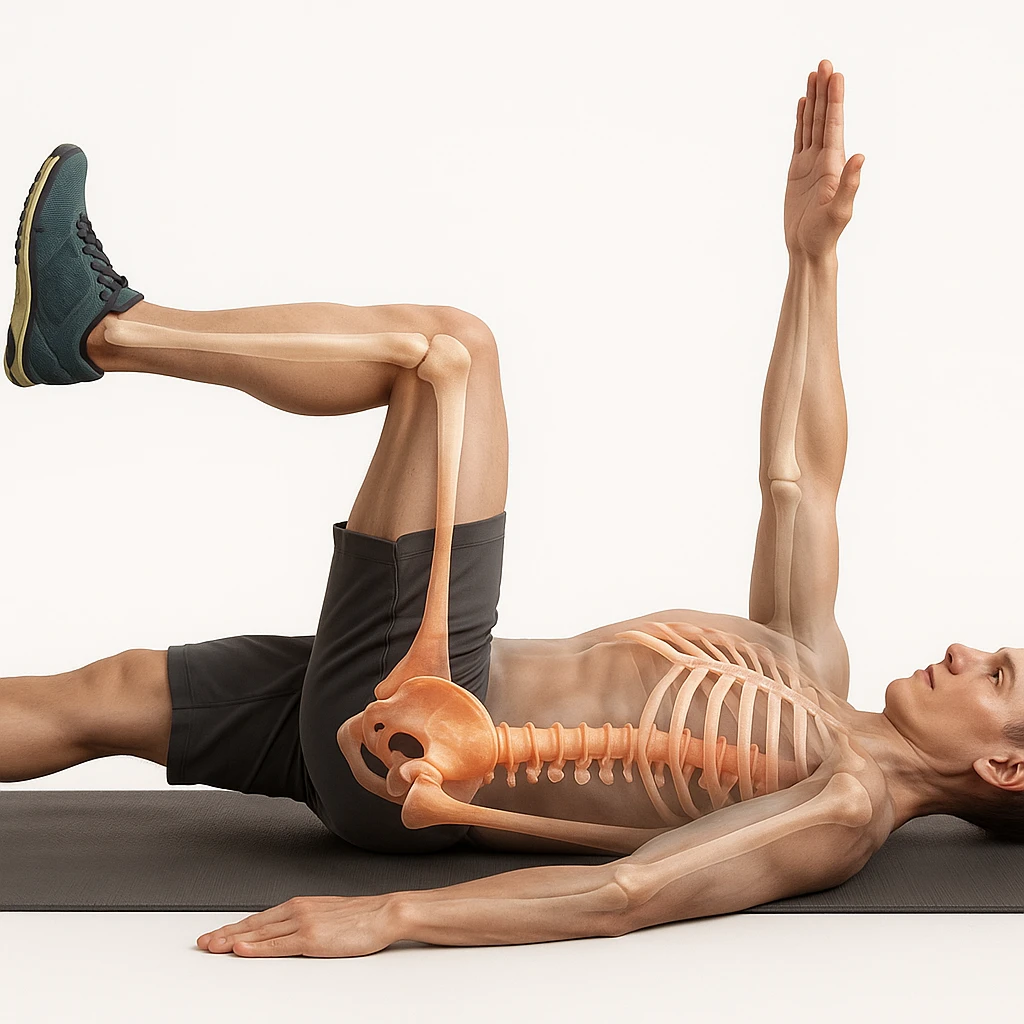 Anatomically hyperrealistic 4K depiction of a man lying on the ground in dead bug position, viewed from the side as in the reference. Highlight the pelvis and spine bones in 3D with realistic anatomical details, translucent muscles and skin to show the skeleton, medical atmosphere. Same pose and perspective as the reference. emoji