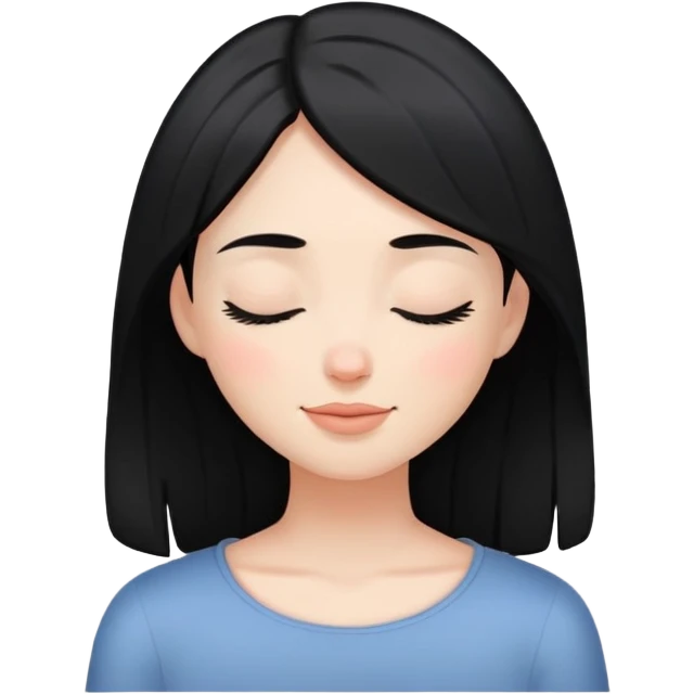 white girl with black hair, eyes closed, gentle smile, calm and serene emoji