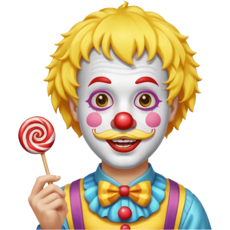 Funny clown — yellow wig, mustache, candy in hand emoji