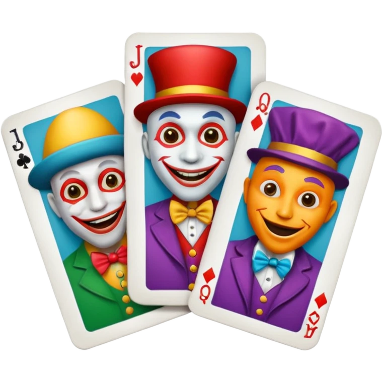 3 poker cards, with crazy colorful human jolly jokers inside, face only emoji
