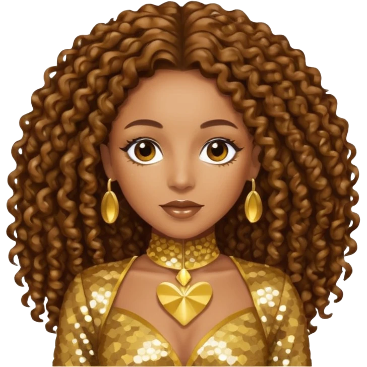 Melanie Brown with brown long curly hair, gold outfit emoji