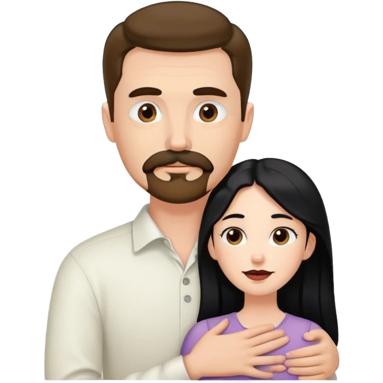 Tall white man with brown mustache and goatee hugging a short pale woman with long black hair emoji