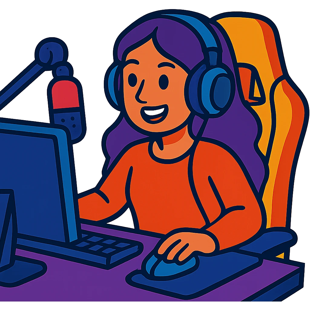female streamer with headphones and a gaming chair emoji