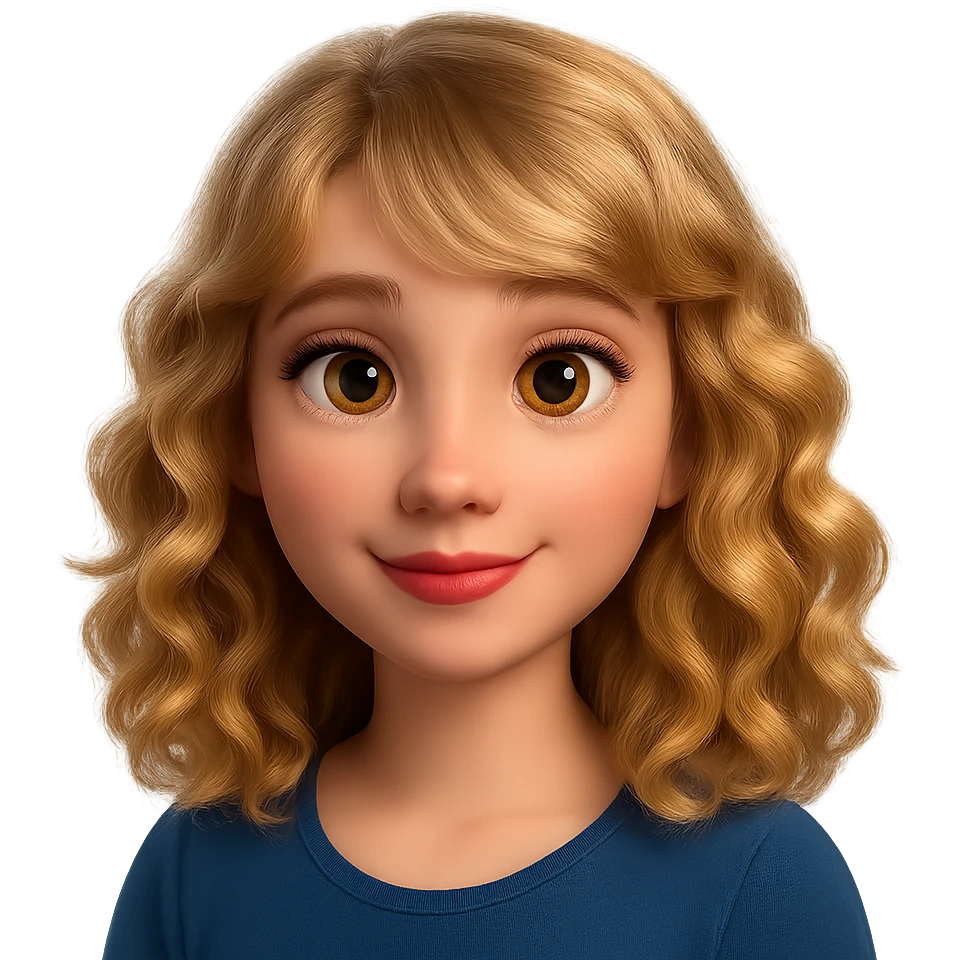 Redraw this character in a 3D Disney Pixar animation style with realistic lighting, soft textures, and expressive features. Keep the blonde curly hair, golden eyes, and red lips. Make it look like a Disney Pixar character with a transparent background. emoji