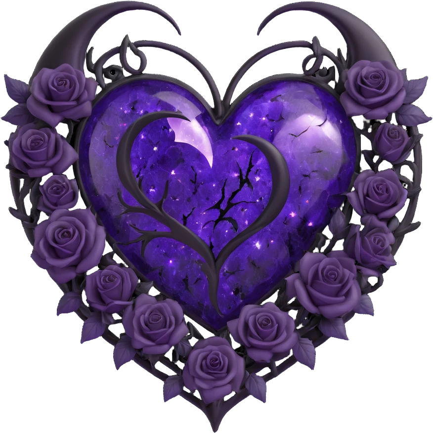 gothic heart made of purple glass with a crescent moon inside the heart, black roses entwined around, radiant stardust, double lightning bolts, light drizzle, mosaic cracked glass texture emoji