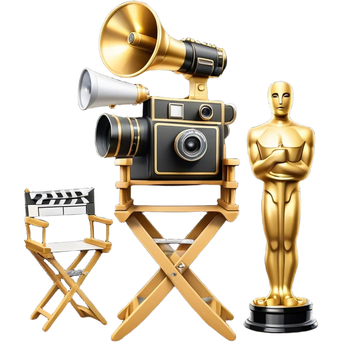 Icon for Directing: a director's chair, a large film camera, a megaphone, a stage set with lights and an Oscar statuette. The icon should represent the creative and leadership aspects of directing, with focus on film and theater production. Transparent background. emoji