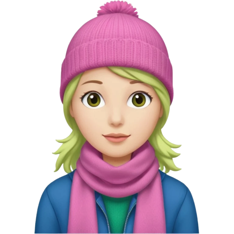 una mujer con: pink beanie, green bufanda and long blue jacket emoji