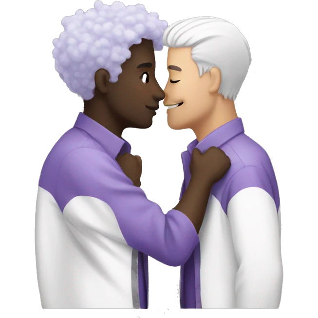 Two men kissing, one of them black and the other white with lavender hair emoji