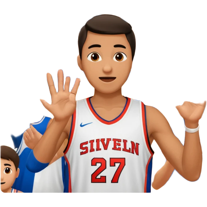 Maverick Trevillian in the crowd at an amateur basketball game. He leans towards the camera and enthusiastically shouts "six seven while performing a distinctive hand gesture: both hands open, palms facing upward, moving up and down as if weighing two options. emoji