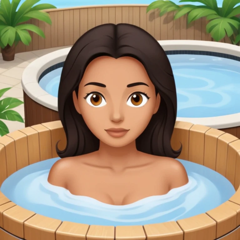 Woman with dark hair in outdoor hot tub, zoomed out perspective emoji