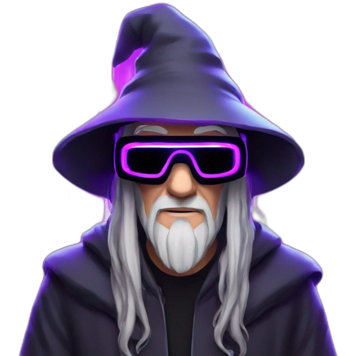 Gandalf wearing a black hoodie with "OMG" letters on it and VR headset in a cyberpunk VR environment with violet neon lighting. emoji