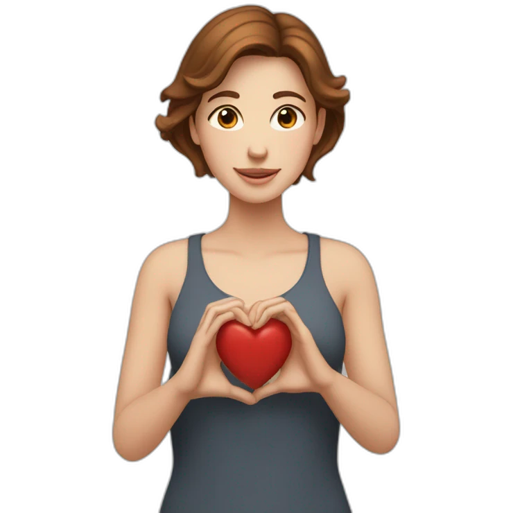 woman (white skin, brown middle hair) makes heart with his hands emoji