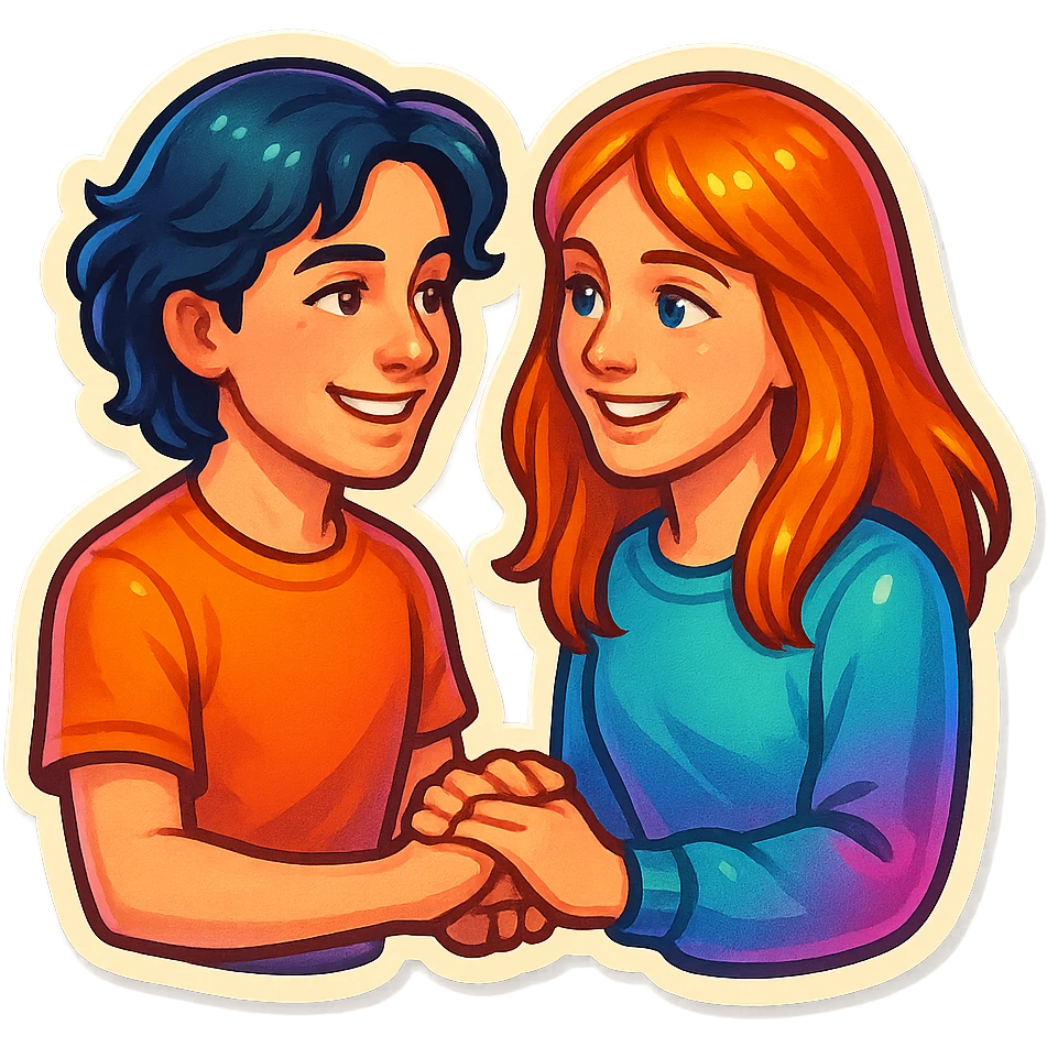 Sticker of Sasha and Yulia, two young lovers, in a vibrant and colorful style, with detailed facial features and expressive eyes, holding hands and smiling at each other, with a background of a park or a cityscape. emoji
