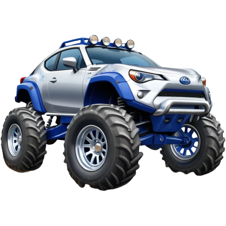 Silver Chrome Tractor tires on glossy dark blue 2025 Toyota 86 off road rally car  emoji