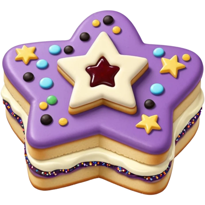 a pastel purple sandwich cookie with soft crumbly texture, a star-shaped jam cutout in the center showing glossy dark berry filling, and creamy filling with colorful sprinkles.  emoji