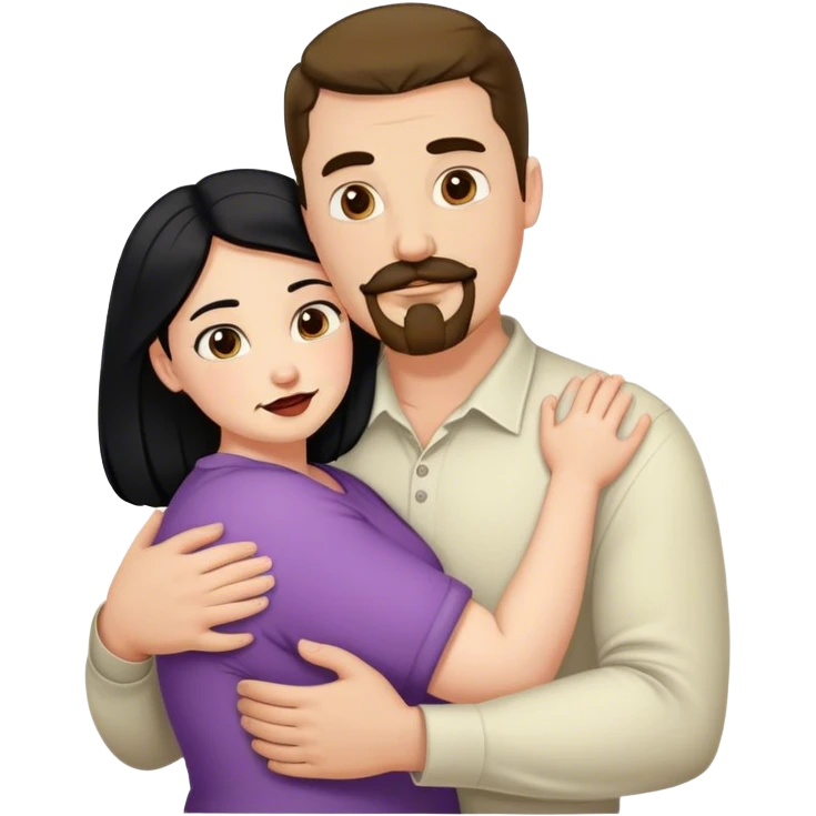 Tall strong white man with brown mustache goatee hugging a chubby short pale woman with long black hair emoji