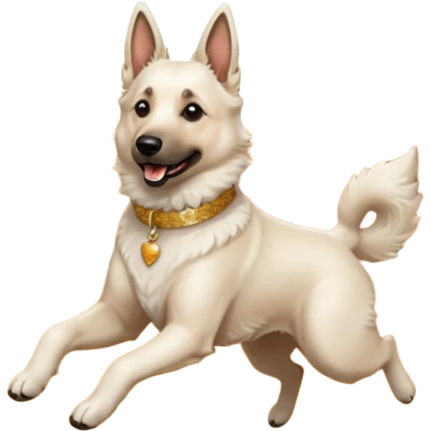 White belgian Shepard with Glitter collar jump in Leaves in autumn and Love it emoji