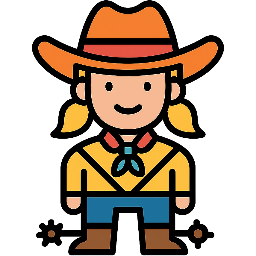 Add spurs to the cowgirl, modern icon style, bold lines, stylized hat, no background emoji