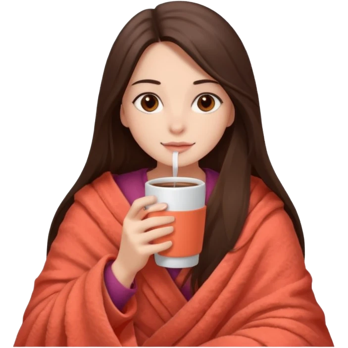 Девушка брюнетка с прямыми длинными волосами, кардиями глазами укутана в пушистый плед кораллового цвета и пьет кофе. Картинка должна были в цветах: бежевый, коралловый и коричневый emoji