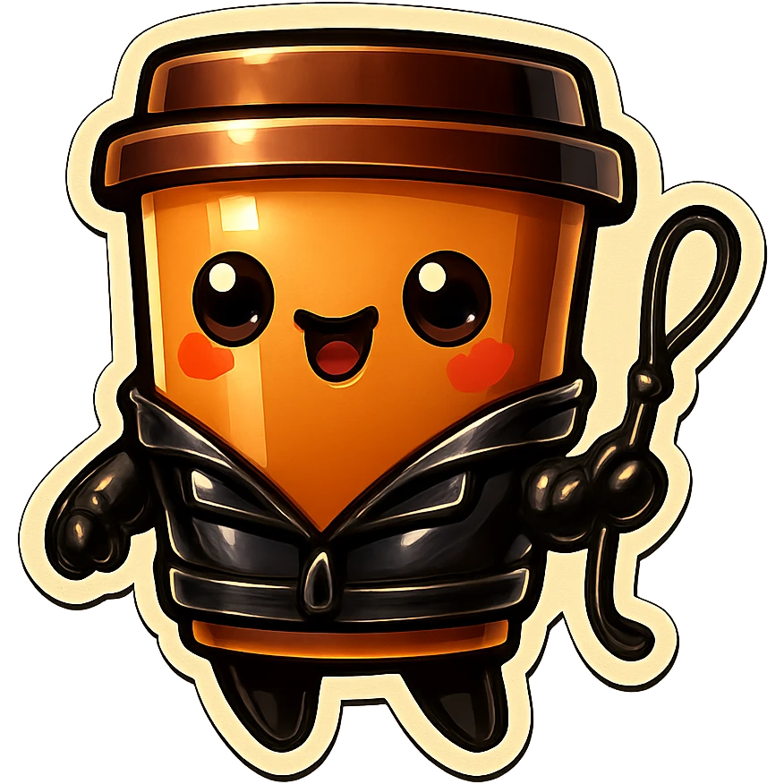 Tall coffee cup, dressed in leather holding a whipping crop emoji