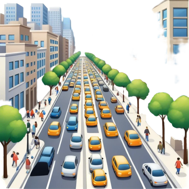 A busy street with shops, cars, and people walking, symbolizing urban life and movement. The street is lined with buildings and has sidewalks and traffic emoji