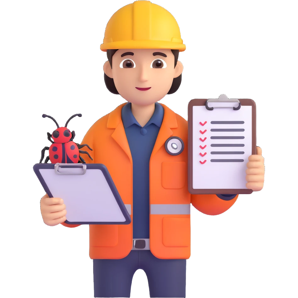 professional QA engineer character holding a clipboard and a bug icon emoji
