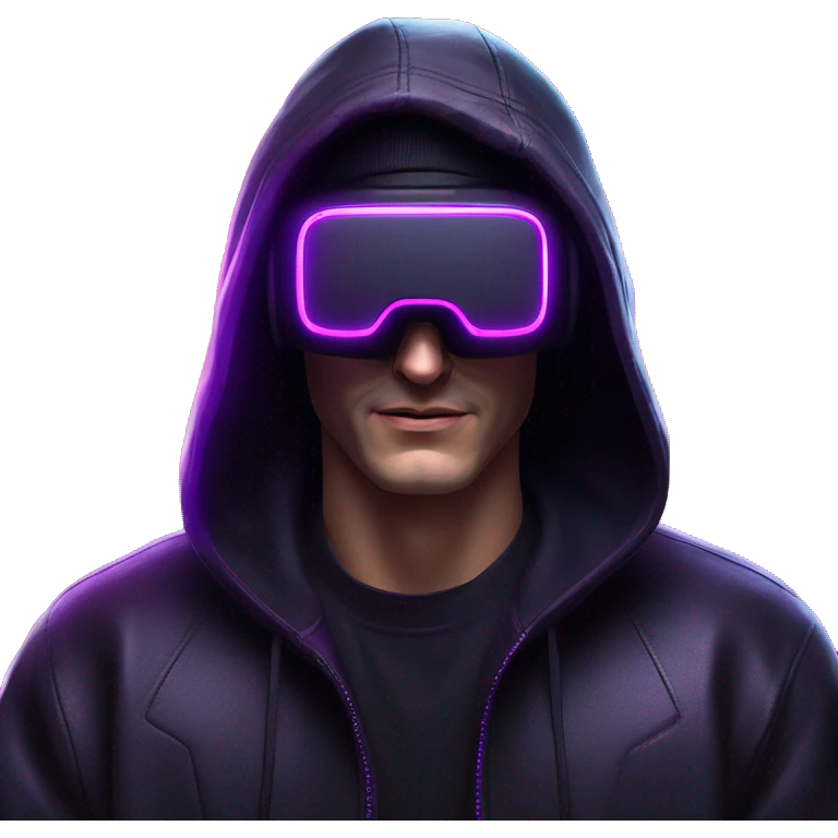 Russian man wearing a black hoodie with "OMG" letters on it and VR headset in a cyberpunk VR environment with violet neon lighting. emoji