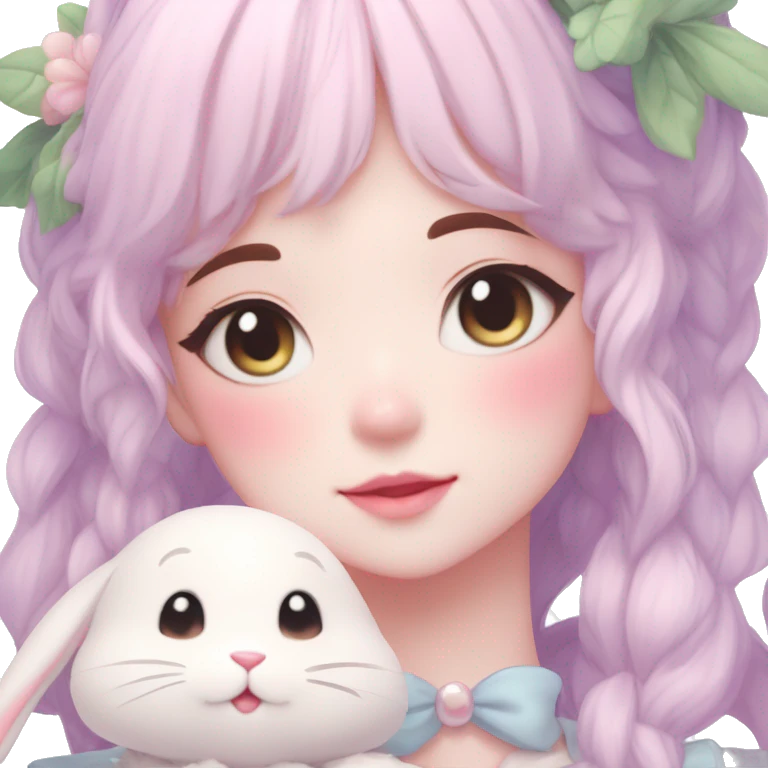 Gorgeous pastel anime style lady with blushing face and holding a bunny cottagecore fairycore pastelcore colorful pearly romantic simplistic aesthetic trending style emoji