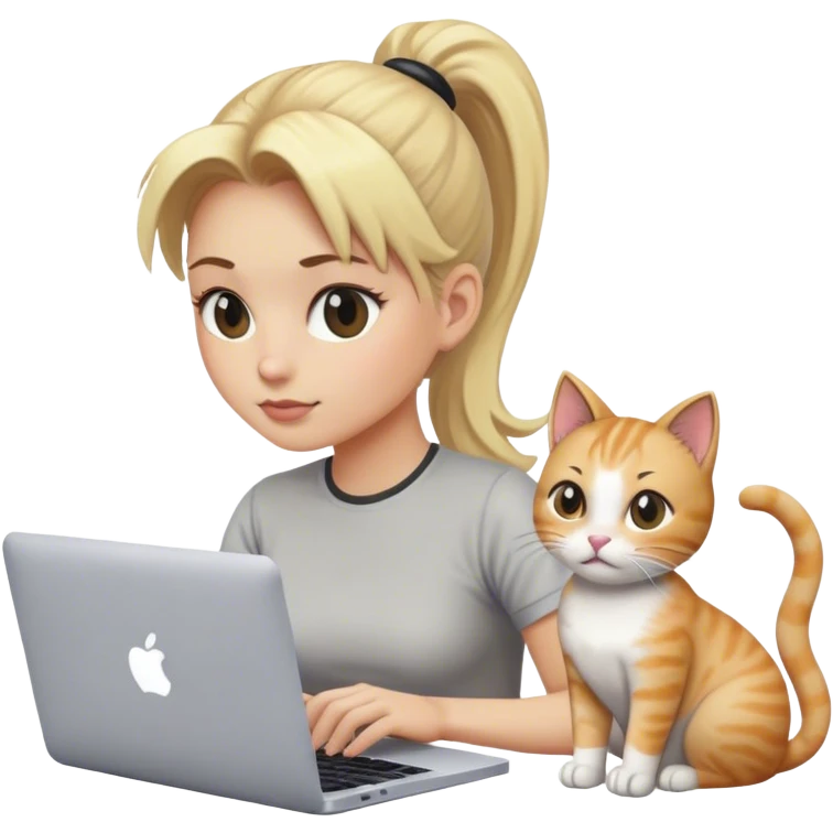 Blonde woman ponytail with MacBook and cat emoji