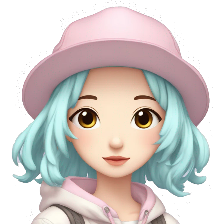 Gorgeous pastel anime girl with blushing face and hair garnitures and pretty hair and a cap aesthetic trending style emoji
