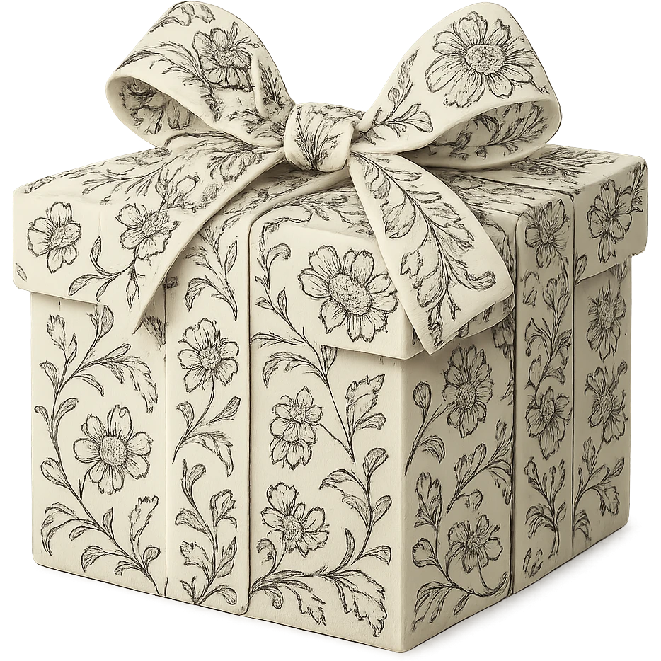Elegant Rococo pale black white ditsy floral gift box  , remove background emoji