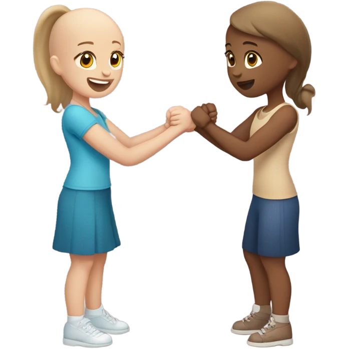 Two girls hand wrestling one with light skin and brown hair and me with medium brown skin and bald emoji