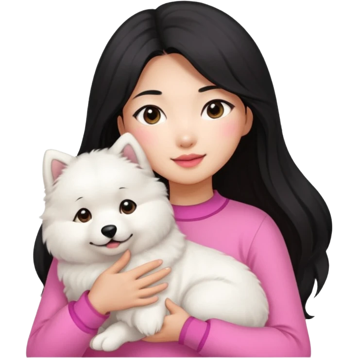A black long hair asian pretty girl with a bright skintone and pink outfit holding a samoyed dog emoji