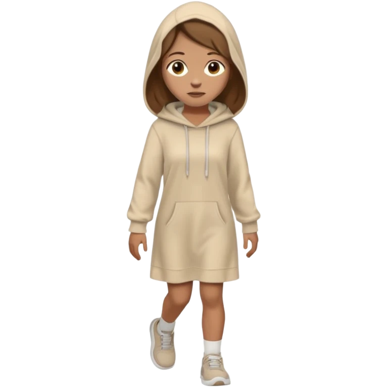 fullbody, head-to-toe, Lazarus's sister, Jesus's friend, with brown hair, beige dress, and a head hoodie, normal emoji style, walking emoji