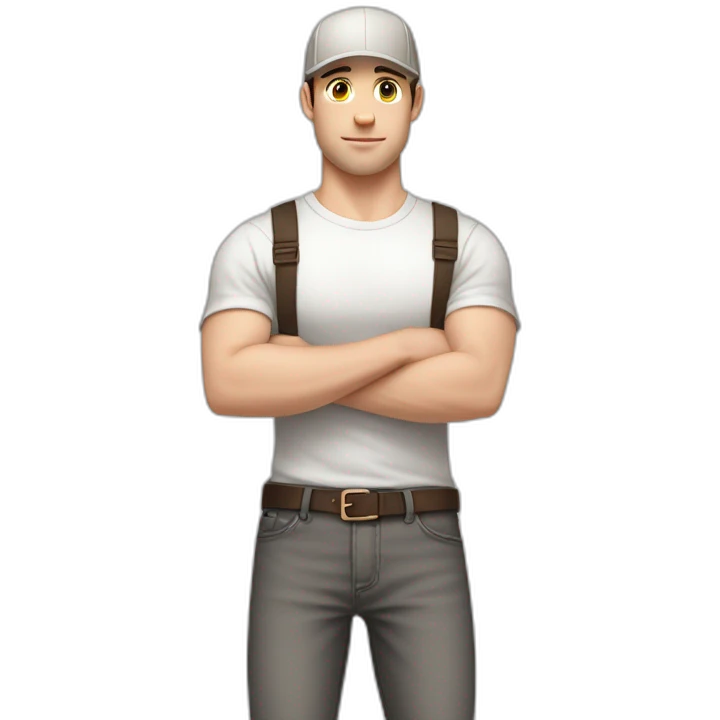 Pale skinned fit Man with dark brown hair in a light gray cap, dark brown jeans, brown polo and white T-shirt keeping a pasted with tape white box into his hands emoji