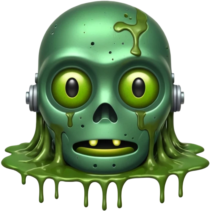 make a tired old melting robot emoji, covered in green sludge, 2d, make the eyes melting and gross emoji