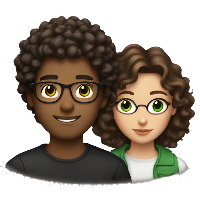 Girl with green eyes and brown curly hair with a guy with glasses, brown eyes, and black curly hair emoji