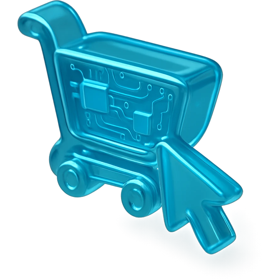 Flat icon of a shopping cart with a digital cursor, cyan blue emoji