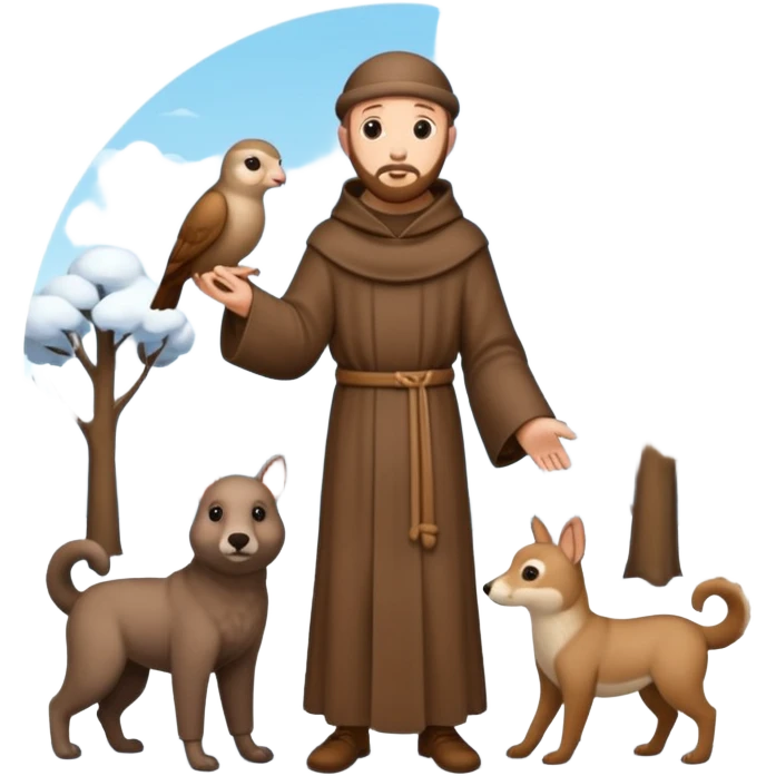 create a full body shot of Saint Francis of Assisi cartoon modern type with animals during the winter, background, to be used as an AI crfreation in HeyGen.com, please create a winter background emoji