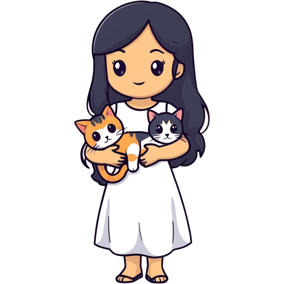 A beautiful girl with long black hair wearing a white dress holds an Abyssinian cat in her arms emoji