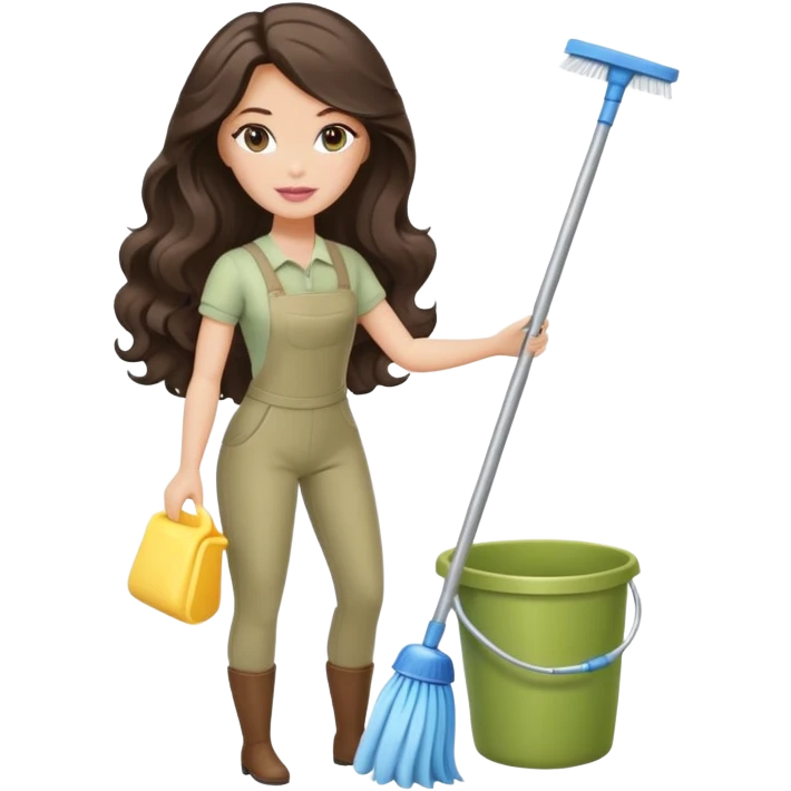A white Barbie girl with long dark brown wave hair in a pale olive clothes doing cleaning emoji