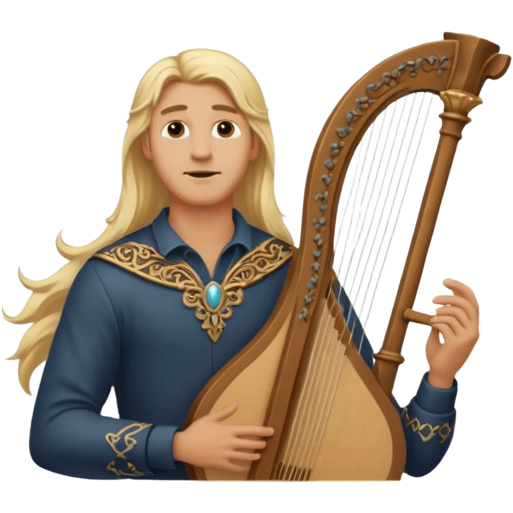 Man with long blonde hair quietly  holding a lyre emoji