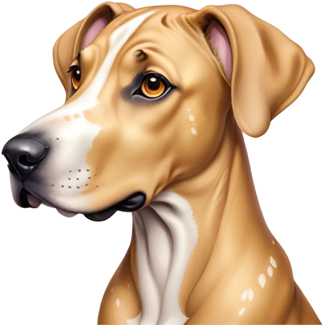 Cinematic Cute Fawn Great Dane Portrait Emoji, Head tilted playfully and inquisitively, showcasing a glossy fawn coat with a subtle luster, round, sparkling amber eyes filled with curiosity, Simplified yet irresistibly adorable features, highly detailed, glowing with a warm, friendly glow, high shine, affectionate and gentle, stylized with a touch of whimsy, bright and endearing, soft glowing outline, capturing the essence of a mischievous yet loving pup, so playful it feels like it could lumber out of the screen and into your arms! emoji
