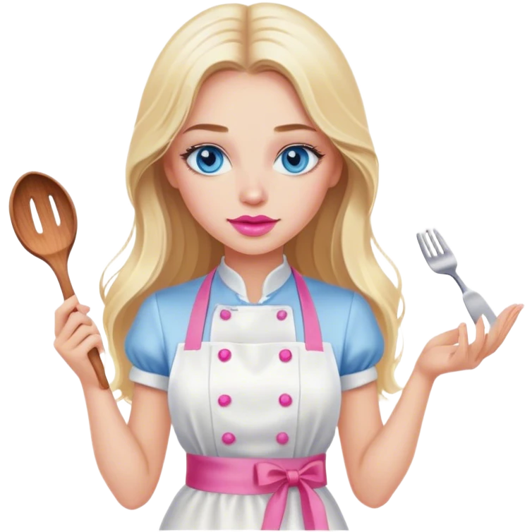 Cinematic realistic beautiful blonde with long hair, blue eyes and pink lips in a white dress cooks emoji