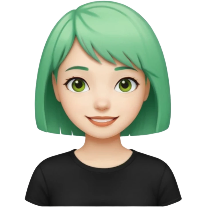Girl with Mint Bob Cut – short green hair, cheerful smile, black t-shirt emoji